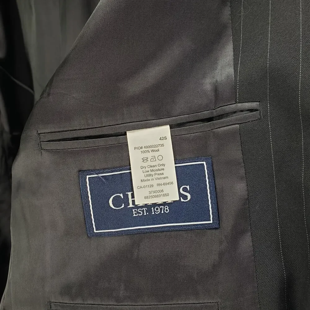 Chaps Men's Black Pinstriped 3 Buttons 100%Wool Sports Blazer Jacket 42S